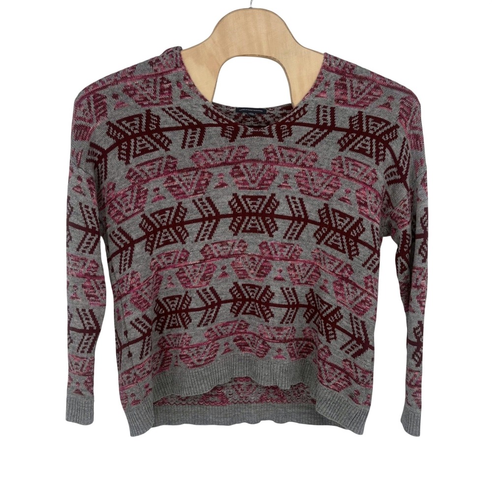 American Eagle Hooded Sweater Women Large Gray Burgundy Geometric Knit Boho